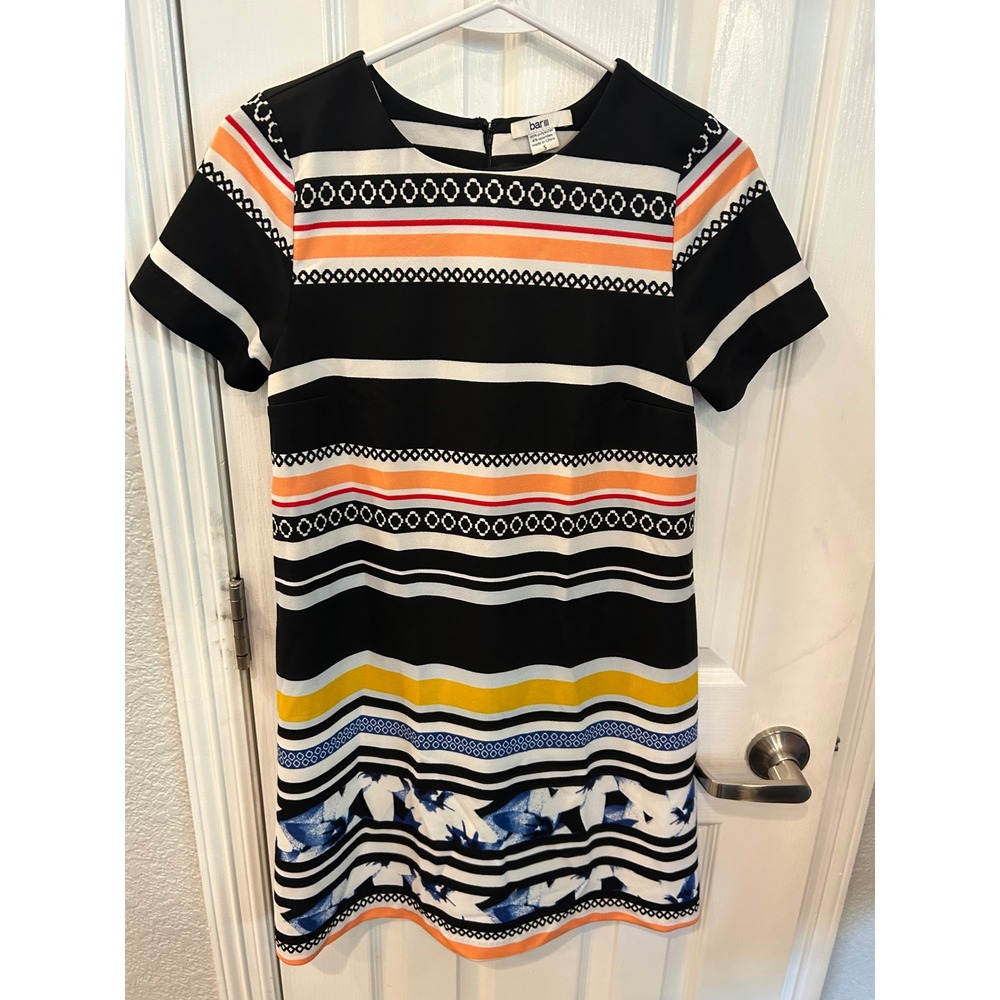Bar III Shift Dress Black Multi Color Striped Floral Geometric Short Sleeve Mini